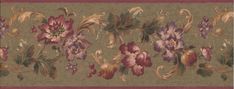 a floral wallpaper border with flowers and leaves on a brown background in shades of pink, purple, yellow and green