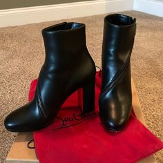 100 Mm Leather Boot. Really Excellent Condition Minus Some Scuffing Of The Red On The Bottoms. Comes With Original Dust Bags And Box! Leather Boot, Louboutin Shoes, Christian Louboutin Shoes, Leather Boots, Black Red, Bootie Boots, Christian Louboutin, Dust Bag, Ankle Boots