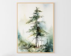 a watercolor painting of a pine tree in the woods on a white wall above a chair