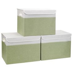 three green storage boxes with white handles