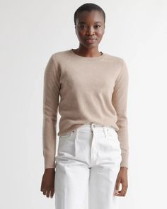 The $50 Cashmere Crewneck Sweater | Quince Minimalist Wardrobe Capsule, Spring Capsule Wardrobe, Womens Cashmere, Minimalist Wardrobe, White Pants, Crewneck Sweater, Cashmere Sweater, Quince, Cashmere Sweaters