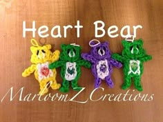 three crocheted teddy bears sitting next to each other on a wooden surface with the words care bear