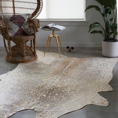 a living room area with a chair, rug and potted plant on the floor