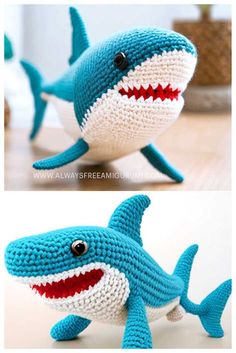 crocheted stuffed toy shark with red and white teeth