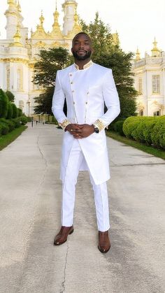 Dupsie's White Gold embroidered slim fit suit set chain African fashion men Luxury White Ceremonial Unstitched Suit, Traditional White Long Sleeve Suit, White Long Sleeve Suit For Eid, Fitted White Sherwani For Ceremonies, Festive White Long Sleeve Suit, Fitted White Suit For Festive Occasions, Elegant White Suits For Festive Occasions, Festive White Fitted Suit, Luxury Custom Fit White Three-piece Suit