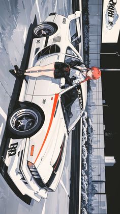 a woman standing on top of a white car