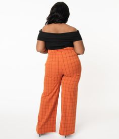 Get your sea legs under you, dears! A classic pair of sailor style slacks, the plus size Ginger Pants from Unique Vintage are crafted in a lightweight woven fabric, complete in a striking orange and black windowpane pattern. A thick waistband rests easily at the natural waist, secured by a side zipper, with cute faux back pockets and faux buttons adding a charming nautical accent. The wide pant leg creates a powerful retro silhouette to slim and flatter, while deep side pockets allow you to stow Plus Size Orange, Plus Size Wide Leg Pants, Wide Leg Leggings, Vintage Brand Clothing, Uv Clothing, Vintage Plus Size, Orange Outfit, Sailor Fashion, Vintage Orange