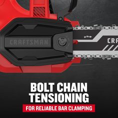 a chainsaw with the words bolt chain tensioning for reliable bar clamping