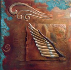 an abstract painting with white wings on a brown background