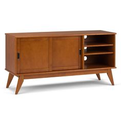 the sideboard is made from wood and has two doors on one side, and three shelves on the other