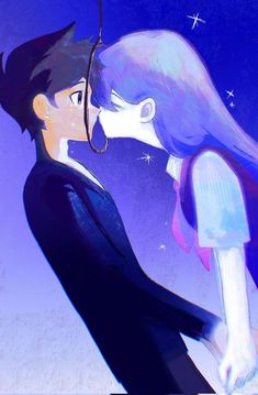 a couple kissing each other in front of a blue sky with stars and the moon behind them