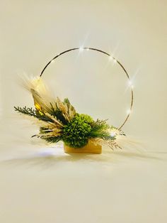 a flower arrangement is arranged in a circle on a white surface with lights around it