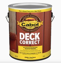 a gallon of cabot deck correct wood stain on a white background, with the lid open