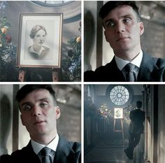 four pictures of men in suits and ties, one with a clock on the wall