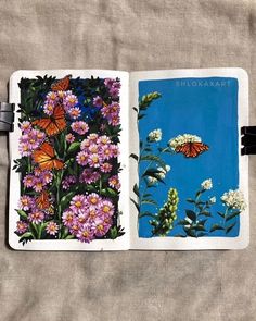 an open book with pictures of butterflies and flowers on the cover is sitting on a table