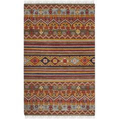 a multicolored area rug with fringes and designs on the bottom, in various colors