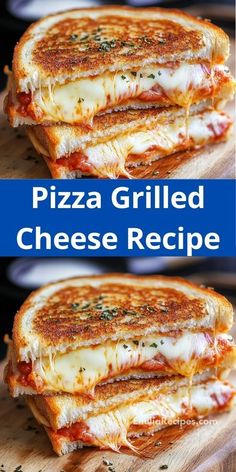 two pictures of grilled cheese sandwiches stacked on top of each other with the words, pizza grilled cheese recipe