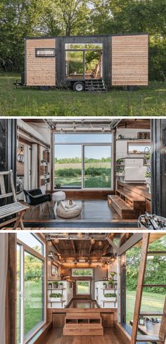 this tiny house is built in the woods and has windows to let in natural light