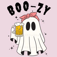 a ghost holding a beer mug with boo - zy written on it