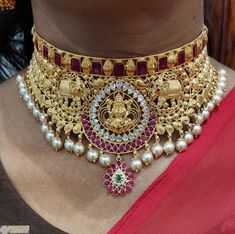 22K Gold 'Gaja Lakshmi / Mango' Choker Necklace with Cz ,Color Stones & Culture Pearls (Temple Jewellery) - 235-GN4481 in 76.600 Grams Gaja Lakshmi, Baby Gold Rings, Japanese Pearls