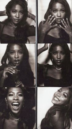 four black and white photos of women with their mouths open, one holding her hands to her face