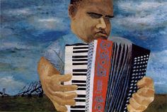 a painting of a man holding an accordion in front of a blue sky with clouds