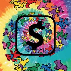 the letter s is surrounded by colorful teddy bears and other small animals on a tie - dyed background