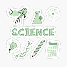 science sticker set with green and white items on it, including a light bulb, microscope