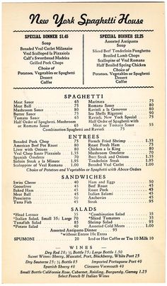 an old menu for a new york spaghetti house