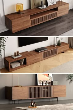 two different views of a living room with wood furniture and accessories on the shelves, in front of a television