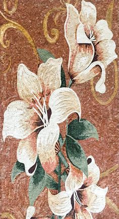 a painting of white flowers on a brown background