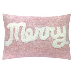 a pink and white pillow with the word'mom'written in white on it