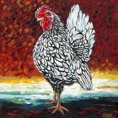 a painting of a rooster standing in front of a red sky with clouds and water