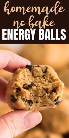 a hand holding a cookie with energy balls in the background and text overlay that reads homemade no bake energy balls