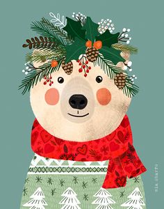 a polar bear wearing a christmas sweater with pine cones on its head and scarf around his neck