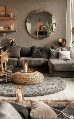 a living room filled with lots of furniture next to a round mirror on the wall