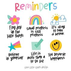 a poster with the words reminders written in different colors and shapes, including an image of