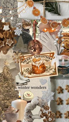 a collage of ginger cookies, candles and other items for winter wonderland with christmas tree in the background