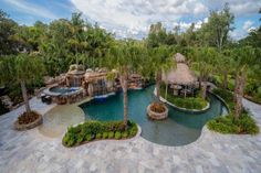 an aerial view of a pool surrounded by palm trees and other tropical plants, with thatched huts in the background