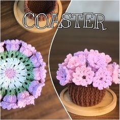 crocheted flower pot holder on wooden stand with text overlay that reads, coaster