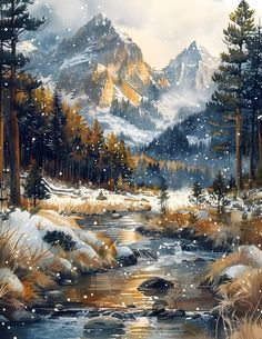 a painting of a snowy mountain scene with stream and pine trees in the foreground