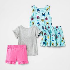 From watching their favorite cartoons to learning to paint, set your toddler up for fun everyday adventures with this 4-Piece Baby Shark Top and Bottom Set. Made from a soft fabric blend, each piece in this set offers reliable comfort for your kiddo. The gray crewneck tee with ruffle sleeves features a heart-shaped print at the front with images of Baby Shark, Daddy Shark and Mommy Shark, and it's accompanied by pink shorts with a ruffle hem and the Baby Shark logo. The other set features a ligh Cotton Sets With Cartoon Print For Playtime, Playful Cotton Sets With Cartoon Print, Playful Cotton Cartoon Print Sets, Cute Cartoon Print Playwear Sets, Cute Character Print Playwear Sets, Blue Character Print Playwear Sets, Fun Cotton Sets With Cartoon Print, Cute Sets With Character Print For Playwear, Cute Playwear Sets With Character Print