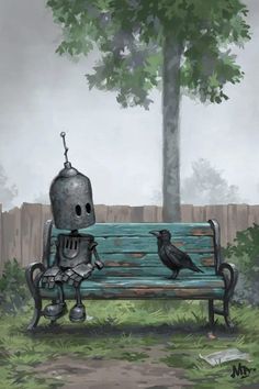 a robot sitting on top of a wooden bench next to a bird perched on it's head