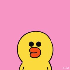 a yellow duck with black eyes on a pink background