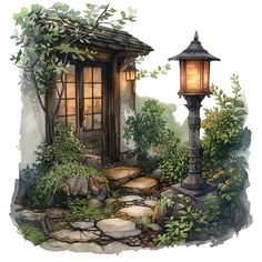 a painting of a small house in the middle of a garden with a lamp post