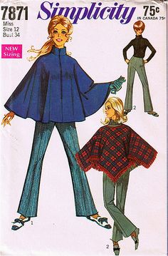 a woman's top and pants sewing pattern from the 1970's, with an attached cape