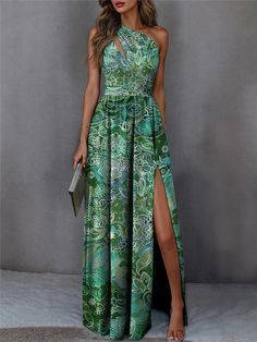 Women's Casual Dress Swing Dress Floral Split Print One Shoulder Long Dress Maxi Dress Streetwear Maxi Street Date Sleeveless Regular Fit Green Summer Spring S M L XL XXL 2024 - $28.99 Women Maxi, Vestido Casual, Dress Maxi, Types Of Dresses, Dress Floral, Womens Maxi Dresses, Long Maxi Dress, Floral Print Dress, Swing Dress