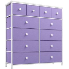 a purple dresser with white knobs on it's doors and drawers, against a white background