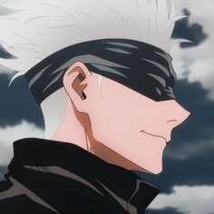 an anime character with white hair and black eyes looks off into the distance in front of dark clouds