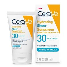 Developed with dermatologists, CeraVe's Hydrating Sheer Sunscreen Broad Spectrum SPF 30’s hybrid formula combines mineral and chemical sun filters to help effectively reflect and absorb the sun's damaging rays. This sunscreen lotion's formula blends Zinc Oxide with chemical sun filters, combining sun protection with the benefits of a mineral sunscreen and the cosmetic elegance often found in chemical sunscreens.  This multi-benefit waterproof sunscreen helps protect you from the sun's harmful ra Best Drugstore Sunscreen, Waterproof Sunscreen, Chemical Sunscreen, Skin Medica, Body Sunscreen, Zinc Oxide, Sunscreen Lotion, Face Lotion, Mineral Sunscreen